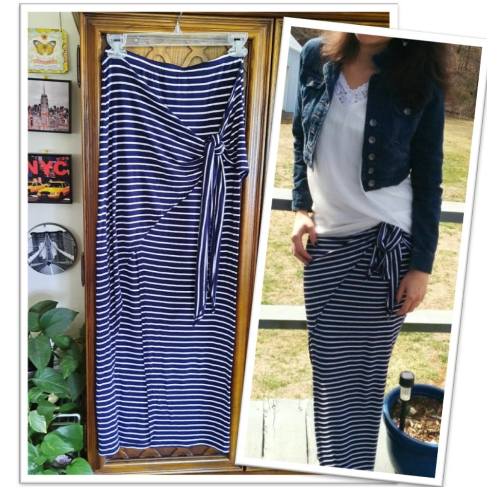 Micro-Striped Tie Wrap Maxi Skirt - Navy/White, Size S - Picture 16 of 16
